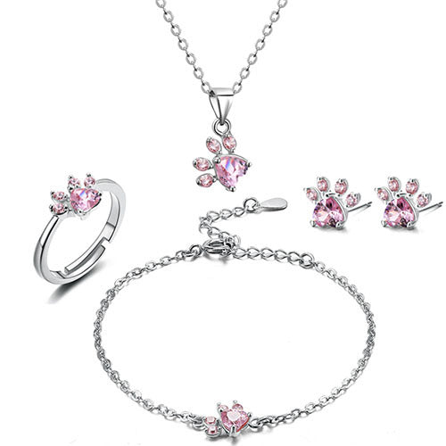Pink Gold Paw Jewelry Set – 4 Pieces with Zirconia Heart (Ring, Necklace, Earrings, Bracelet)