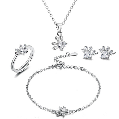 Pink Gold Paw Jewelry Set – 4 Pieces with Zirconia Heart (Ring, Necklace, Earrings, Bracelet)