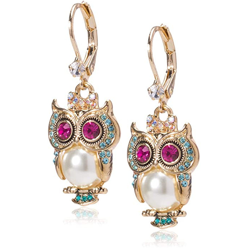 Vintage Owl Crystal Earrings – Gold-Plated, Hand-Set Crystal & Pearl Detail