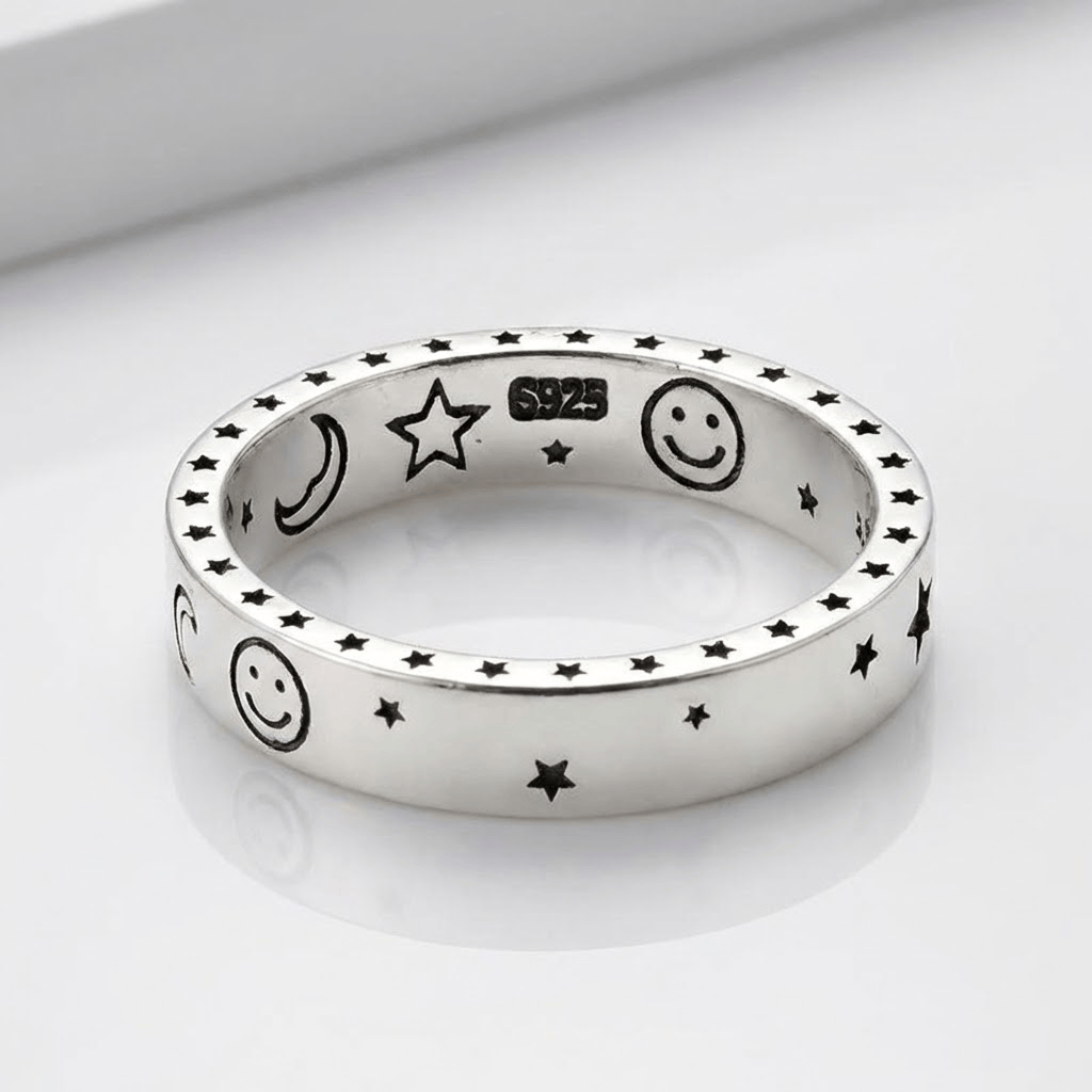 Happy Moon & Stars Silver Band Ring — (Adjustable)