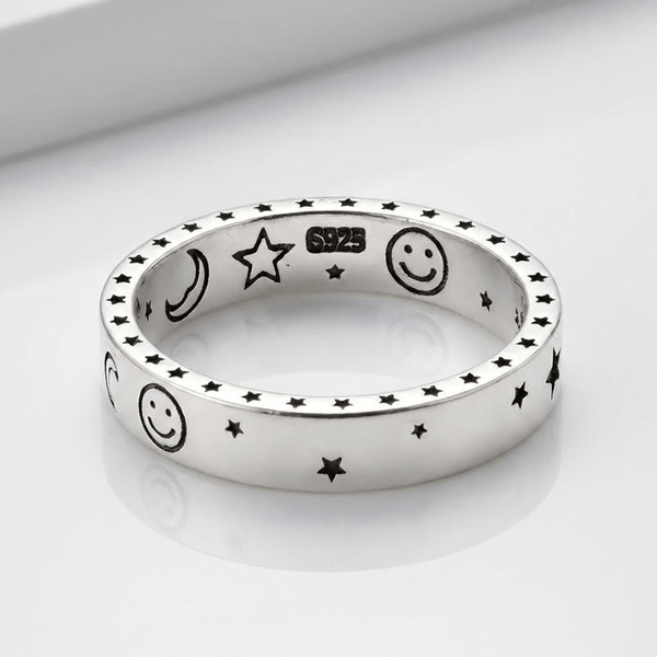 Happy Moon & Stars Silver Band Ring — (Adjustable)