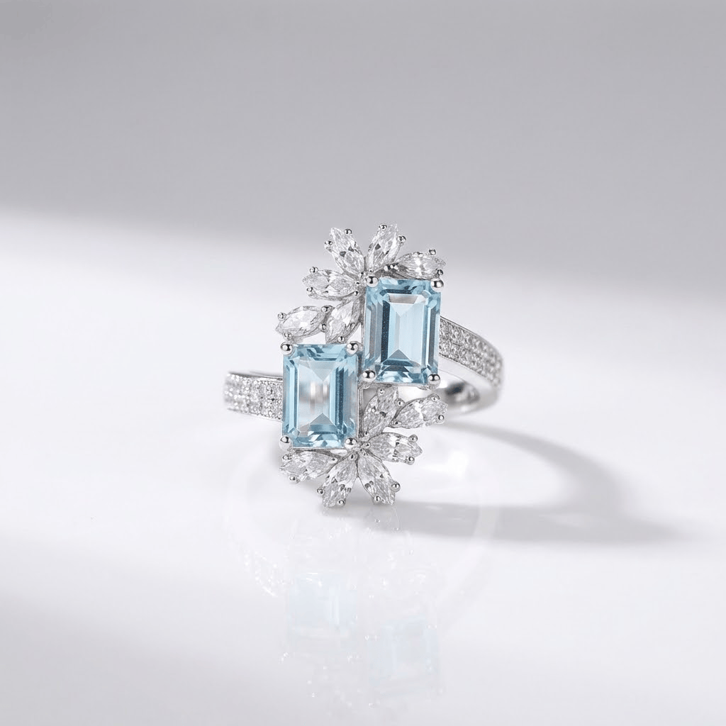 Aquamarine Crystal Silver Ring — (Adjustable)