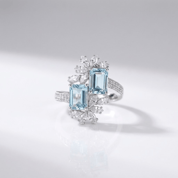 Aquamarine Crystal Silver Ring — (Adjustable)