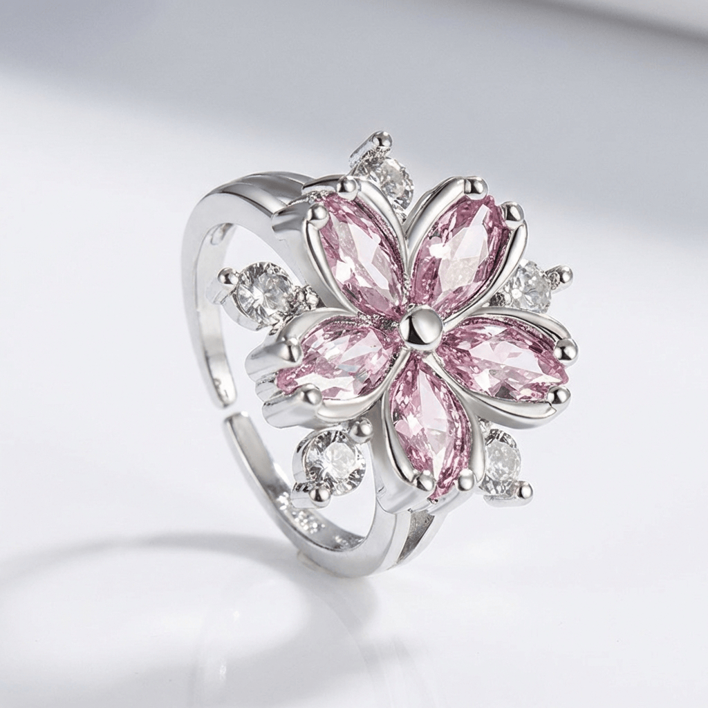 Pink Cherry Blossom Crystal Silver Ring — (Adjustable)