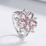 Pink Cherry Blossom Crystal Silver Ring — (Adjustable)