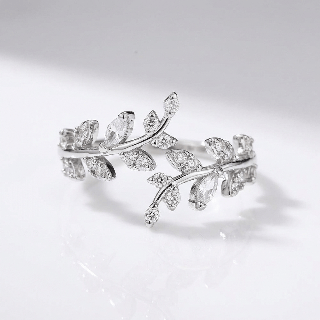 Crystal Leaf Vine Silver Ring — (Adjustable)
