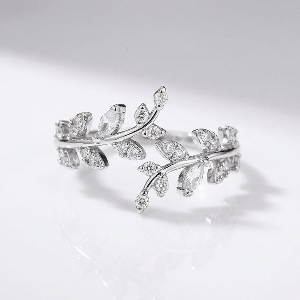 Crystal Leaf Vine Silver Ring — (Adjustable)