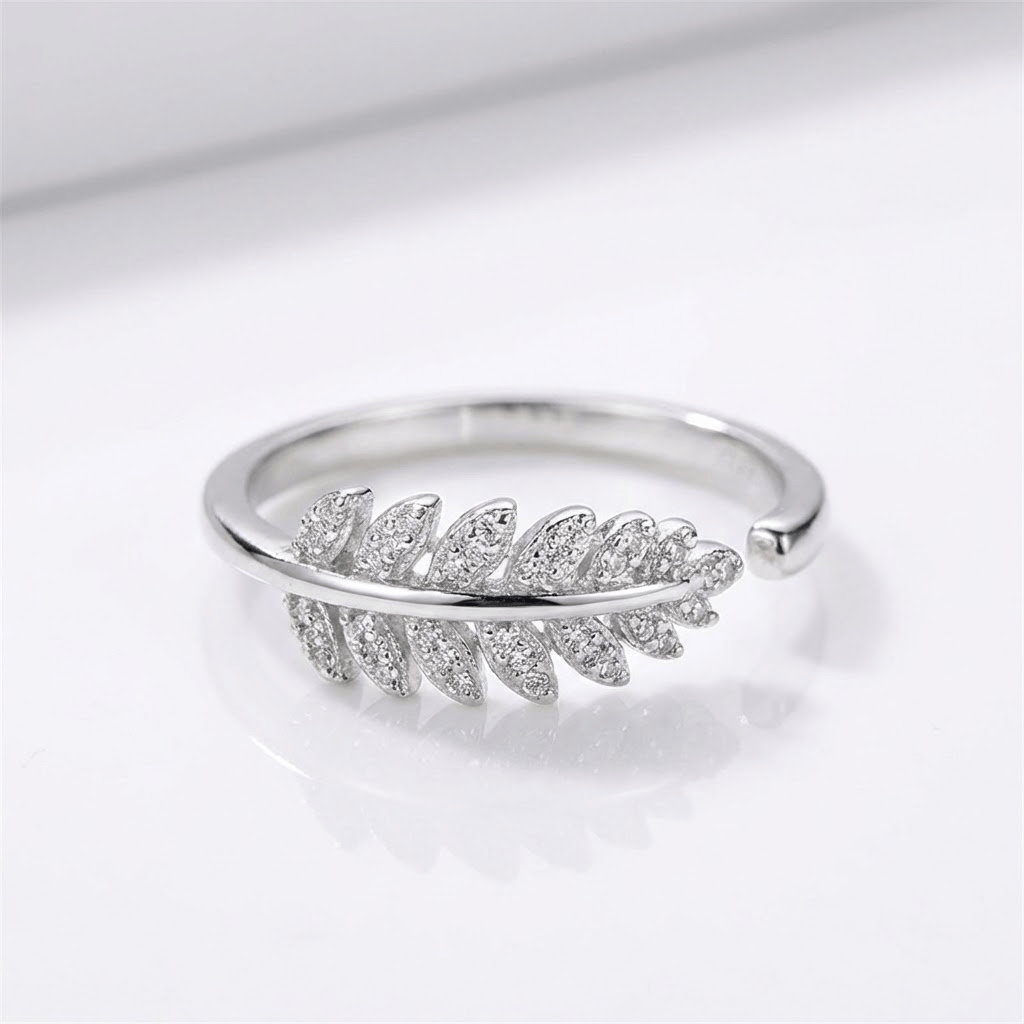 Silver Feather Zirconia Ring — (Adjustable)