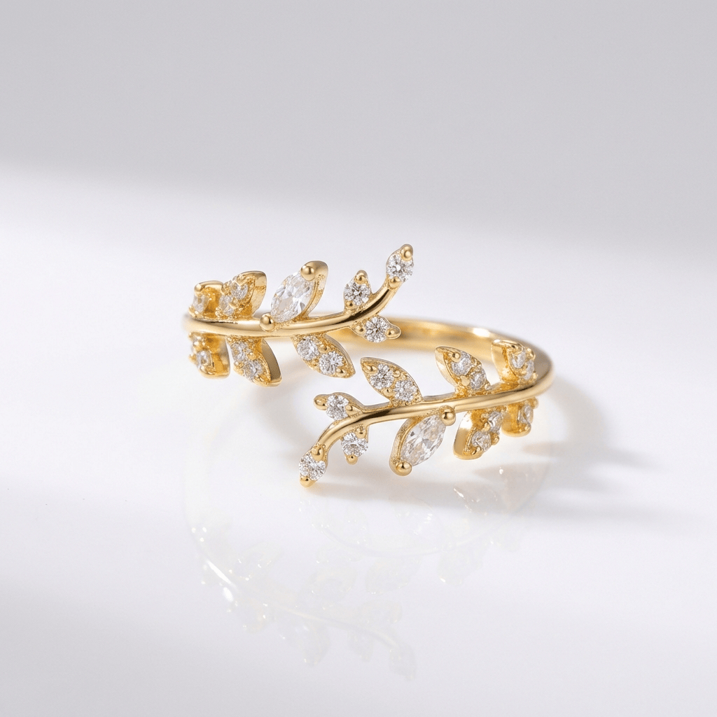 Crystal Leaf Vine Silver Ring — (Adjustable)