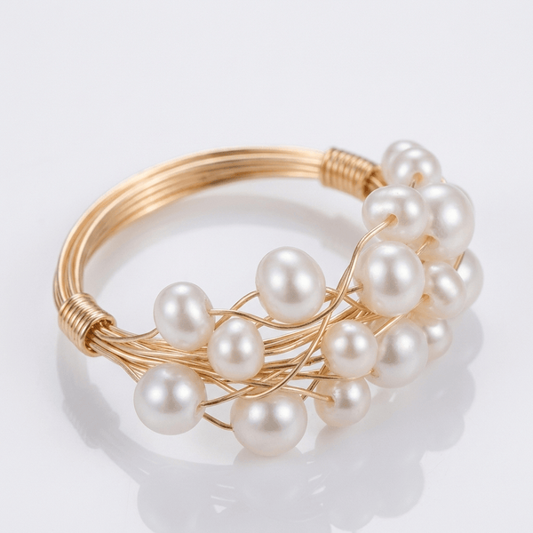 Gold Pearl Cluster Bangle Ring — (Adjustable)