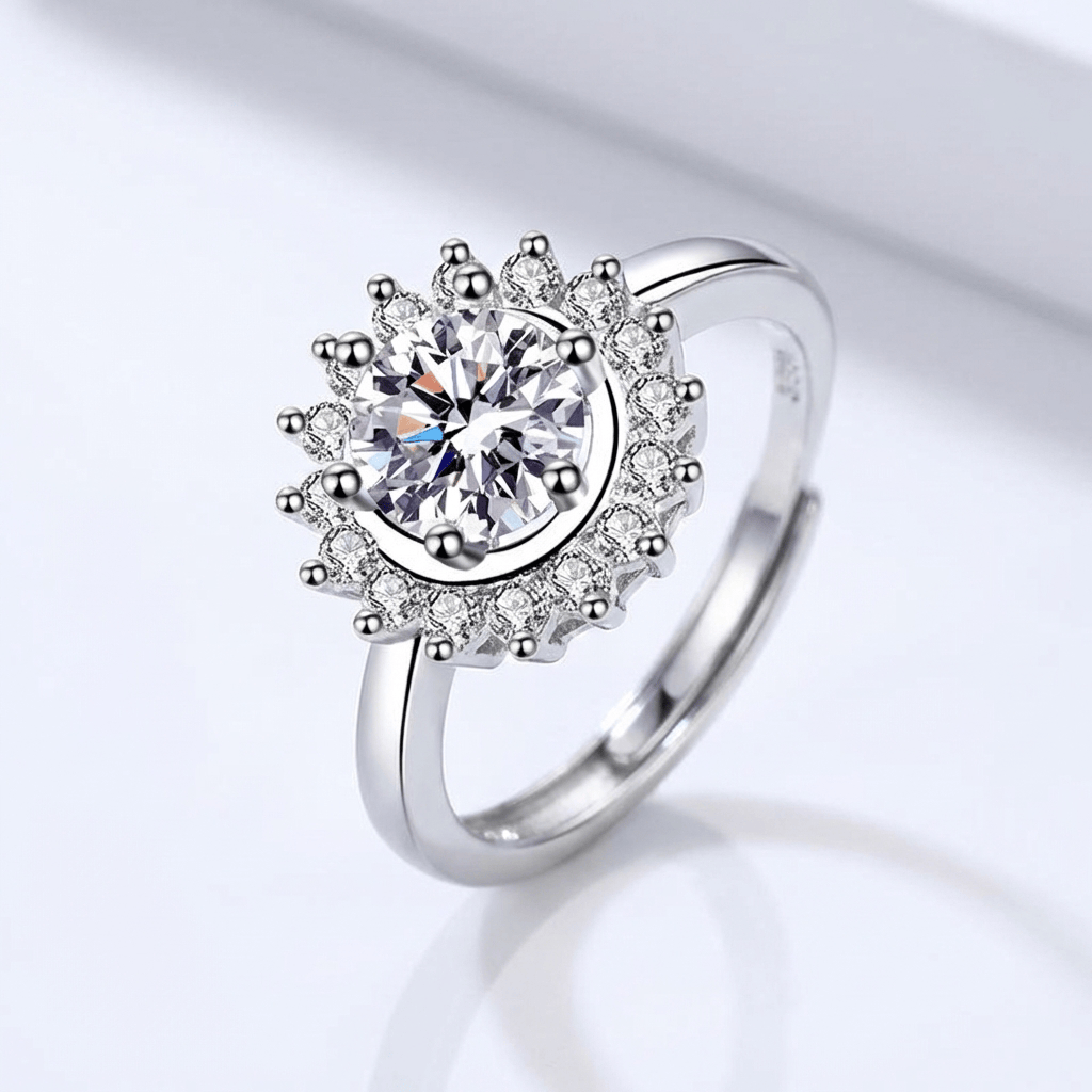 Silver Round Diamond Sunburst Ring — (Adjustable)