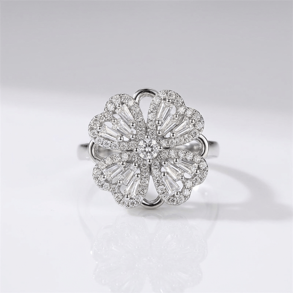 Baguette Zirconia Rotating Flower Ring — (Adjustable)