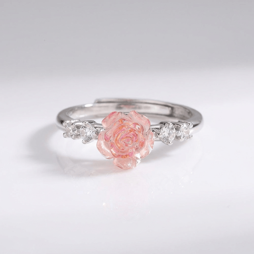 Silver Rose Diamond Ring — (Adjustable)