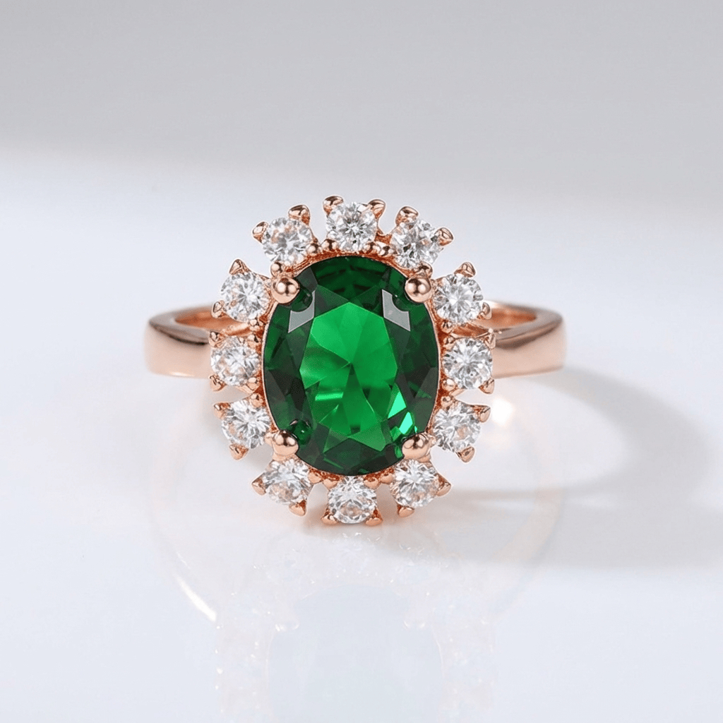 Rose Gold Emerald Diamond Halo Ring — (Adjustable)