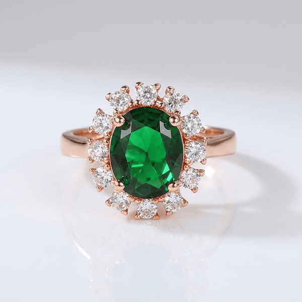 Rose Gold Emerald Diamond Halo Ring — (Adjustable)