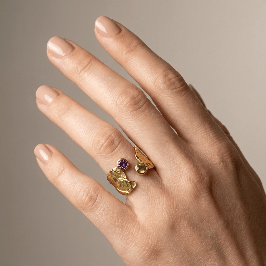 Rustic Gold Amethyst & Peridot Ring — (Adjustable)