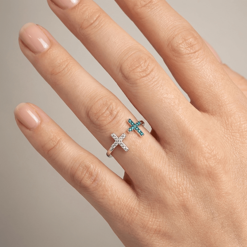 Double Cross Turquoise & Silver Ring — (Adjustable)