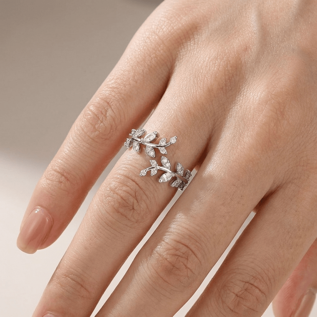 Crystal Leaf Vine Silver Ring — (Adjustable)
