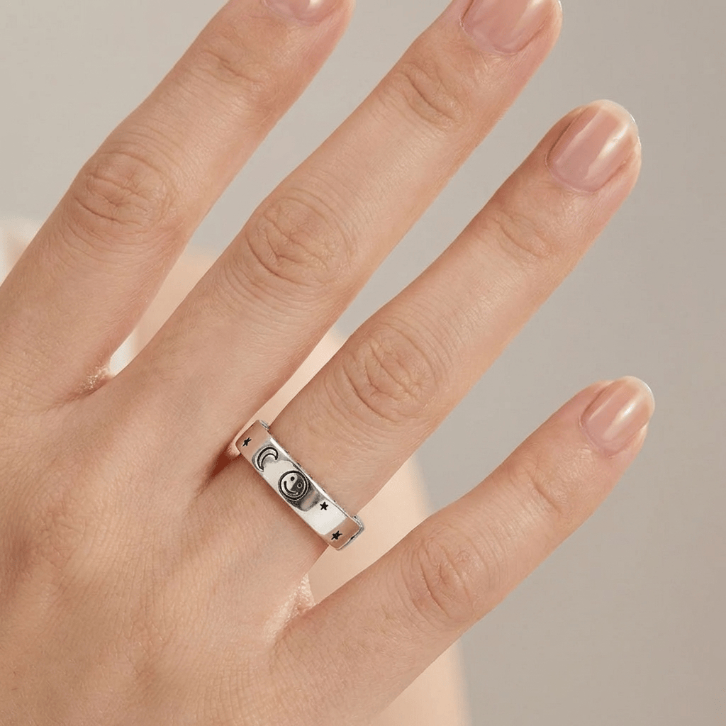 Happy Moon & Stars Silver Band Ring — (Adjustable)