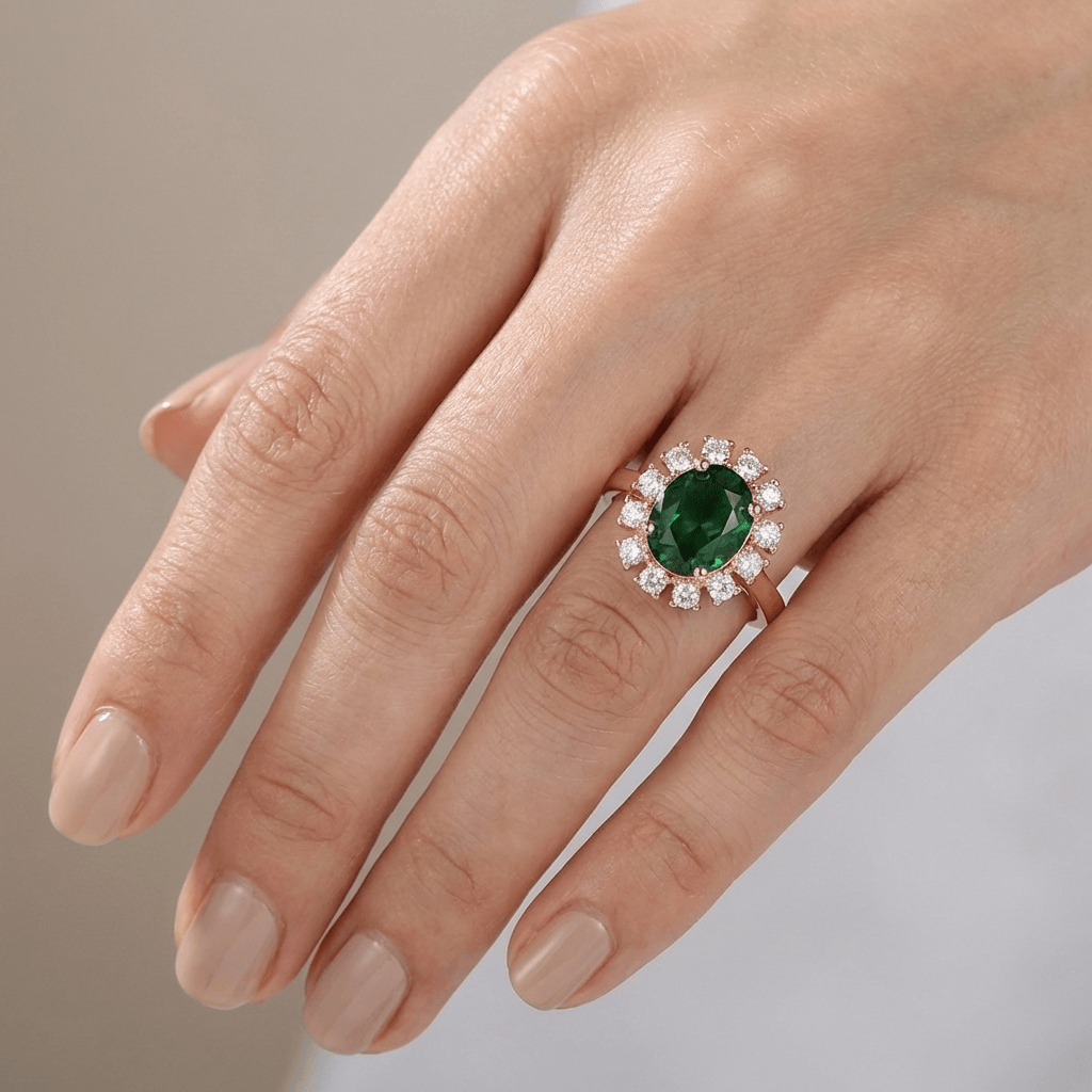 Rose Gold Emerald Diamond Halo Ring — (Adjustable)