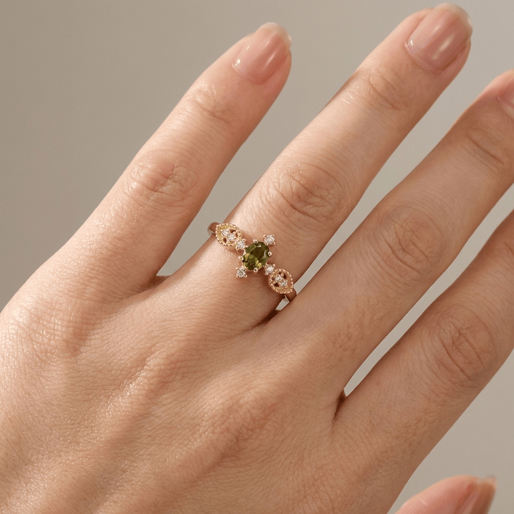 Olive Green Crystal Dainty Gold Ring — (Adjustable)