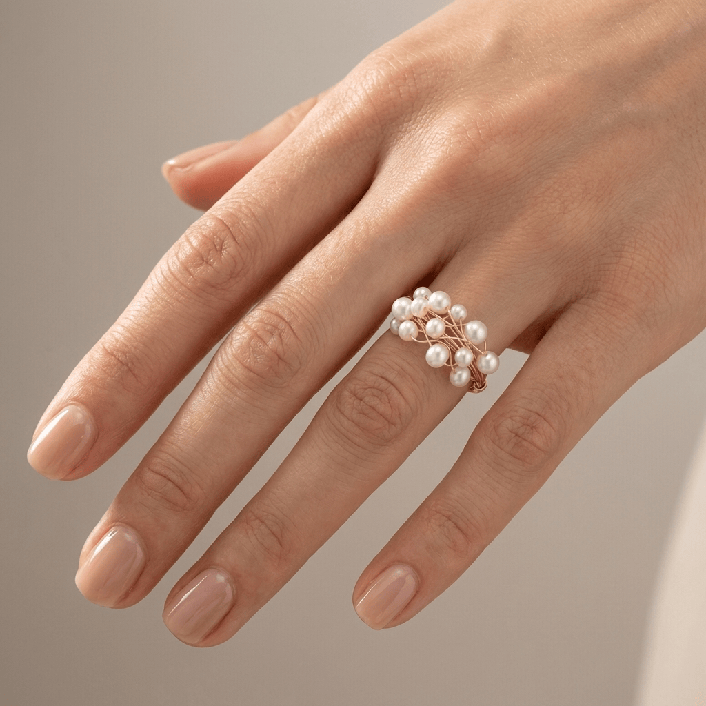 Gold Pearl Cluster Bangle Ring — (Adjustable)