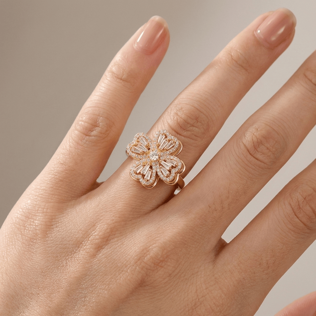 Baguette Zirconia Rotating Flower Ring — (Adjustable)