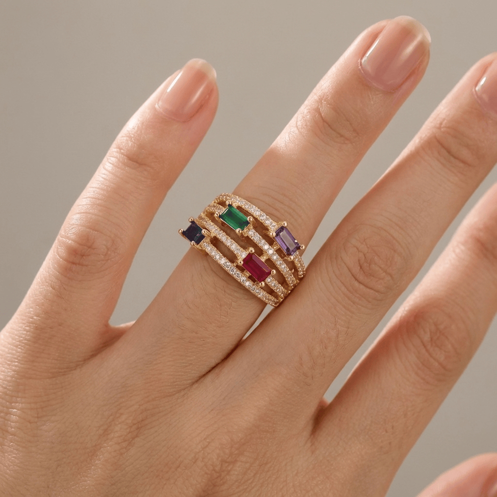Gold Colourful Gemstone Ring — (Adjustable)