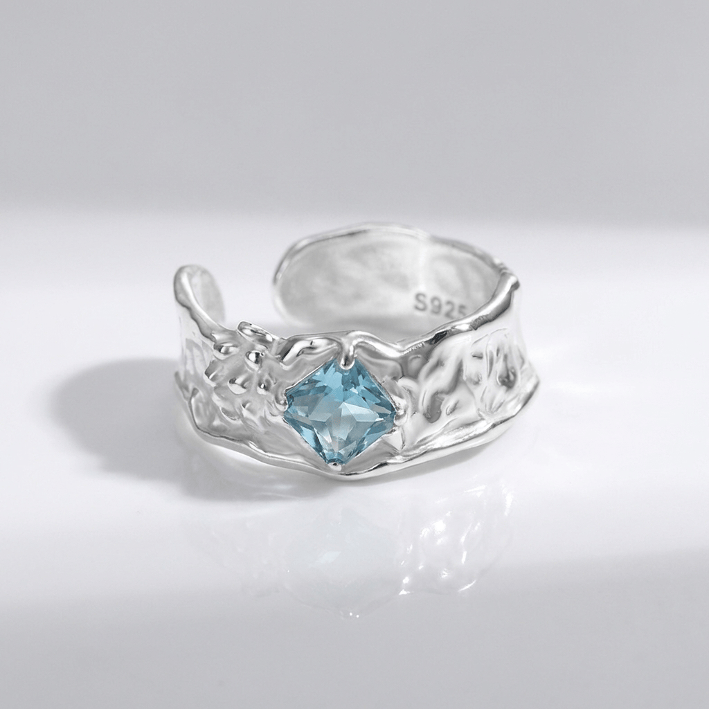 Silver Aquamarine Textured Ring — (Adjustable)