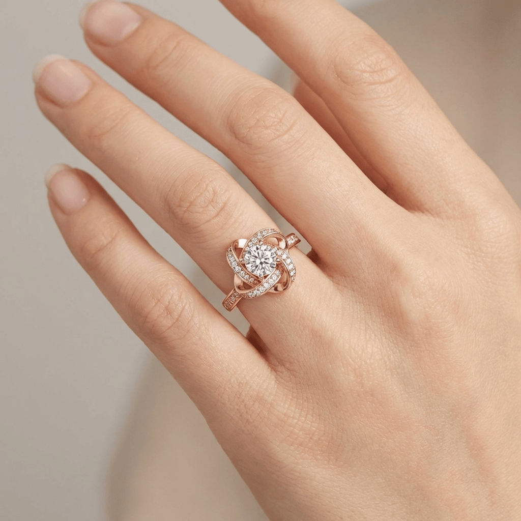 Rose Gold Zirconia Twisted Knot Ring — (Adjustable)