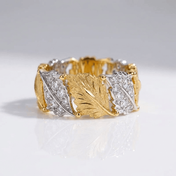 Gold Silver Leaf Pave Ring — (Adjustable)