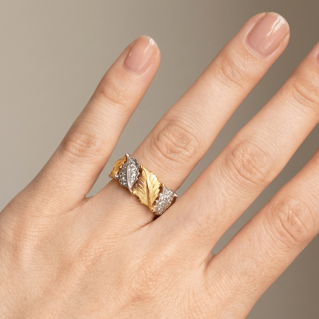 Gold Silver Leaf Pave Ring — (Adjustable)