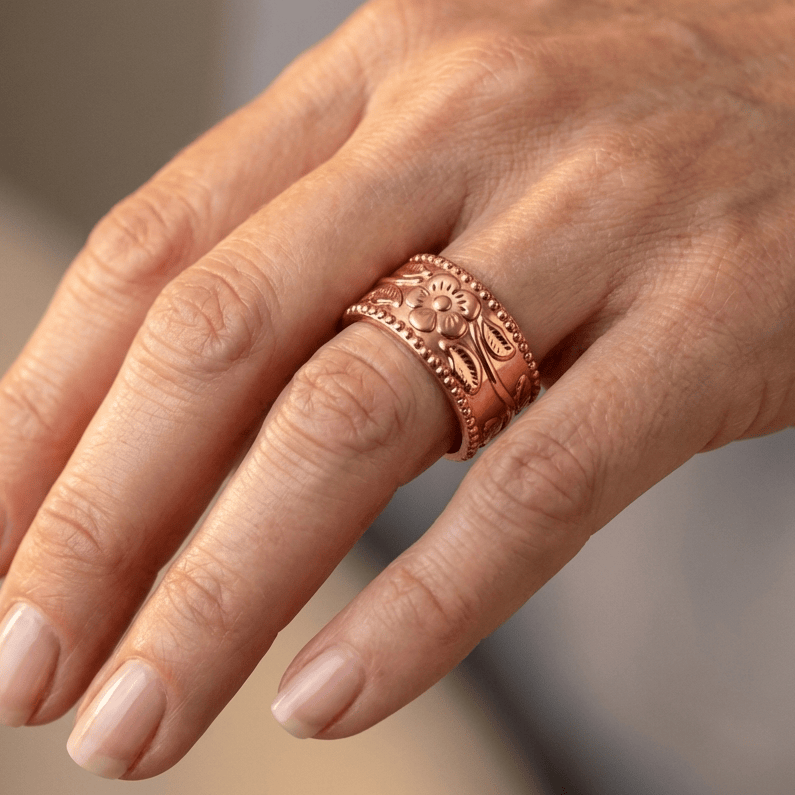 Rose Gold Ornate Carved Cuff Ring — (Adjustable)