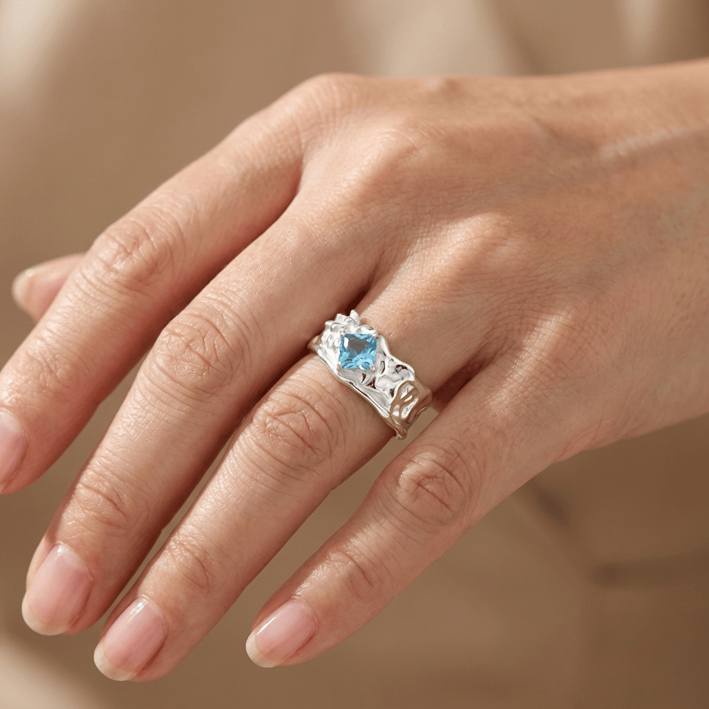 Silver Aquamarine Textured Ring — (Adjustable)