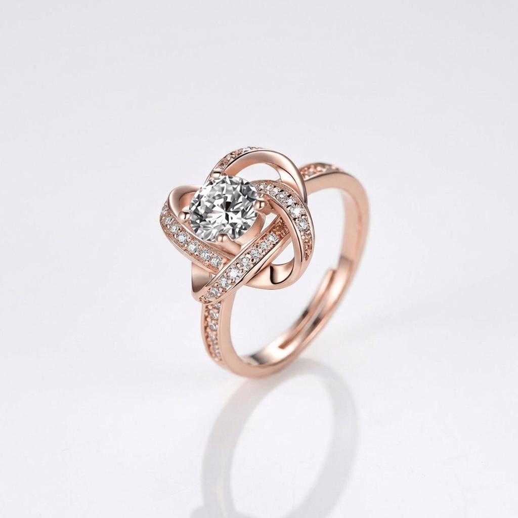 Rose Gold Zirconia Twisted Knot Ring — (Adjustable)
