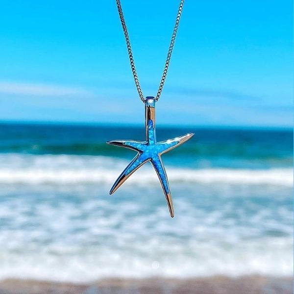Blue Opal & Silver Starfish Necklace