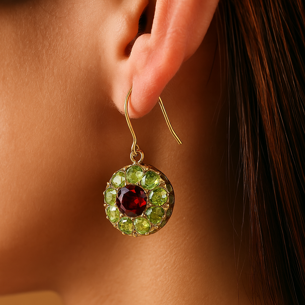 Vintage Round Green & Red Crystal Earrings