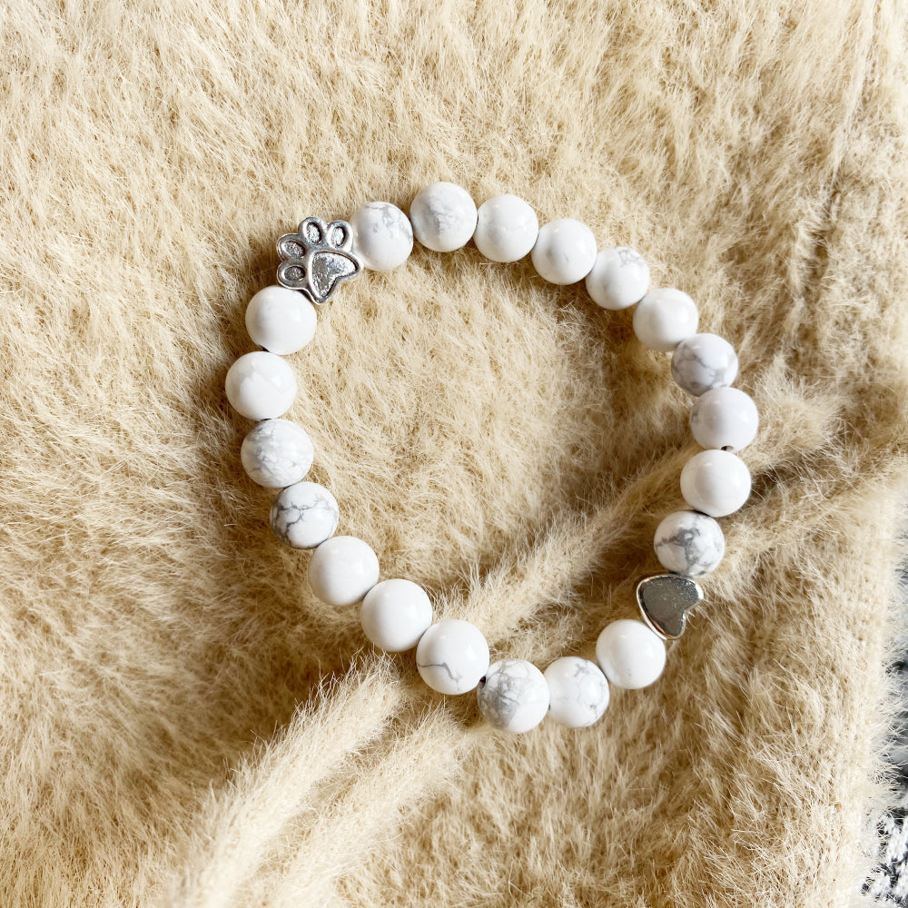 Natural Gemstone Bracelet with Paw Print & Heart Charm – Handmade Design