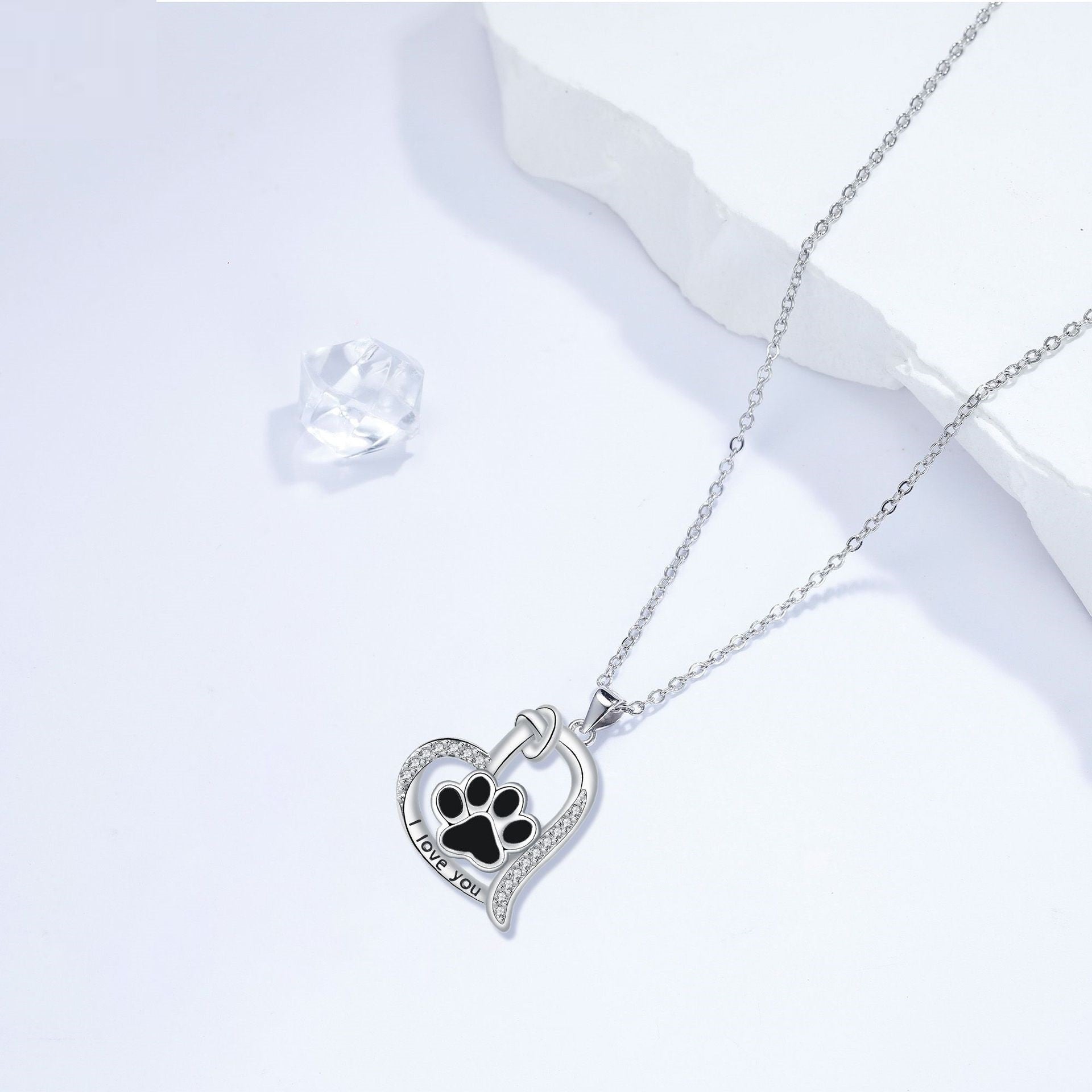 Heart-Shaped Dog Paw Print Necklace with Zirconia