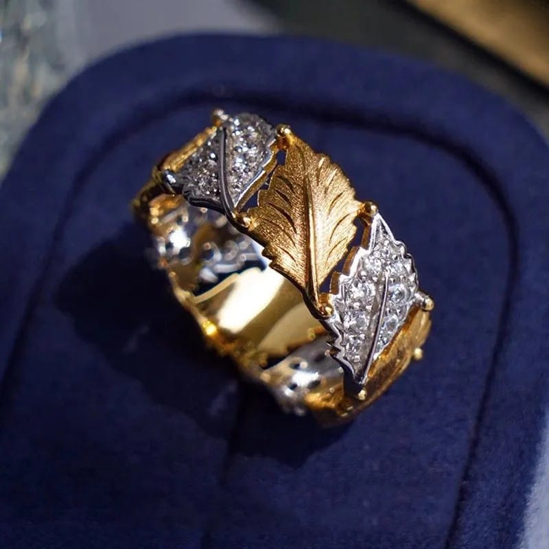 Gold Silver Leaf Pave Ring — (Adjustable)