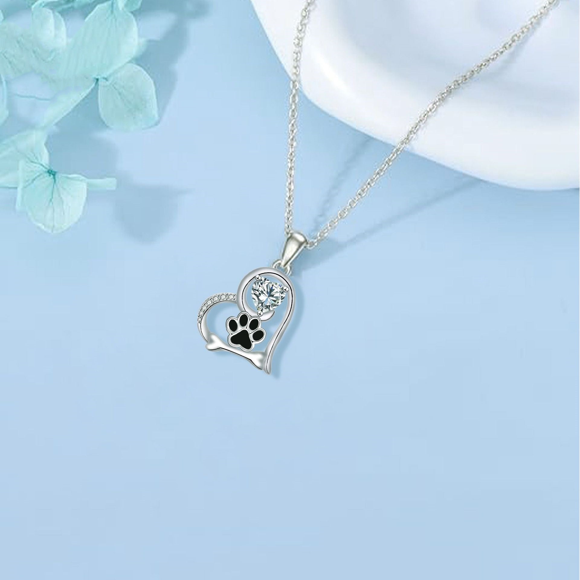 Dog Paw Print & Bone Pendant with Zirconia