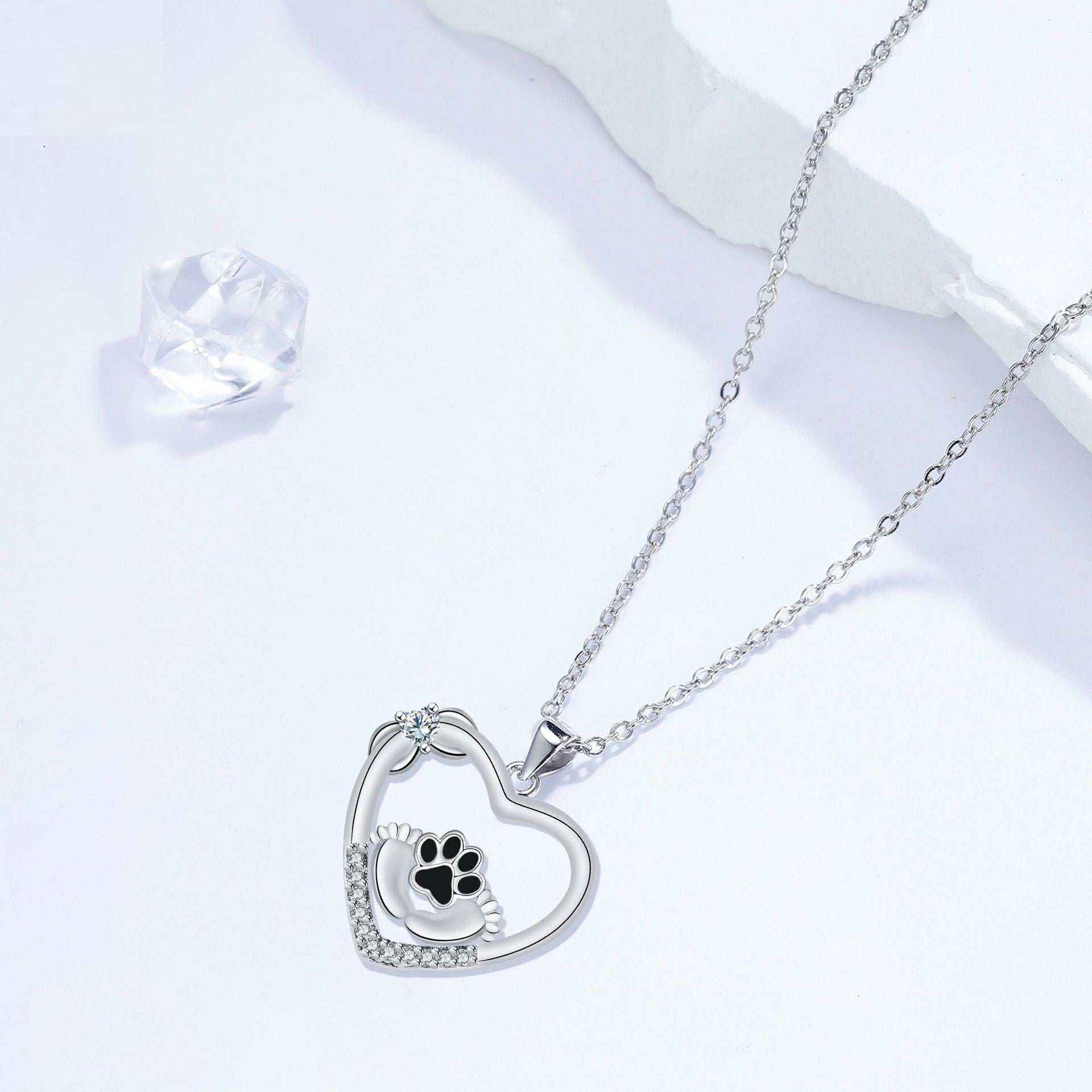 Little Feet Dog Paw Print Necklace with Zirconia
