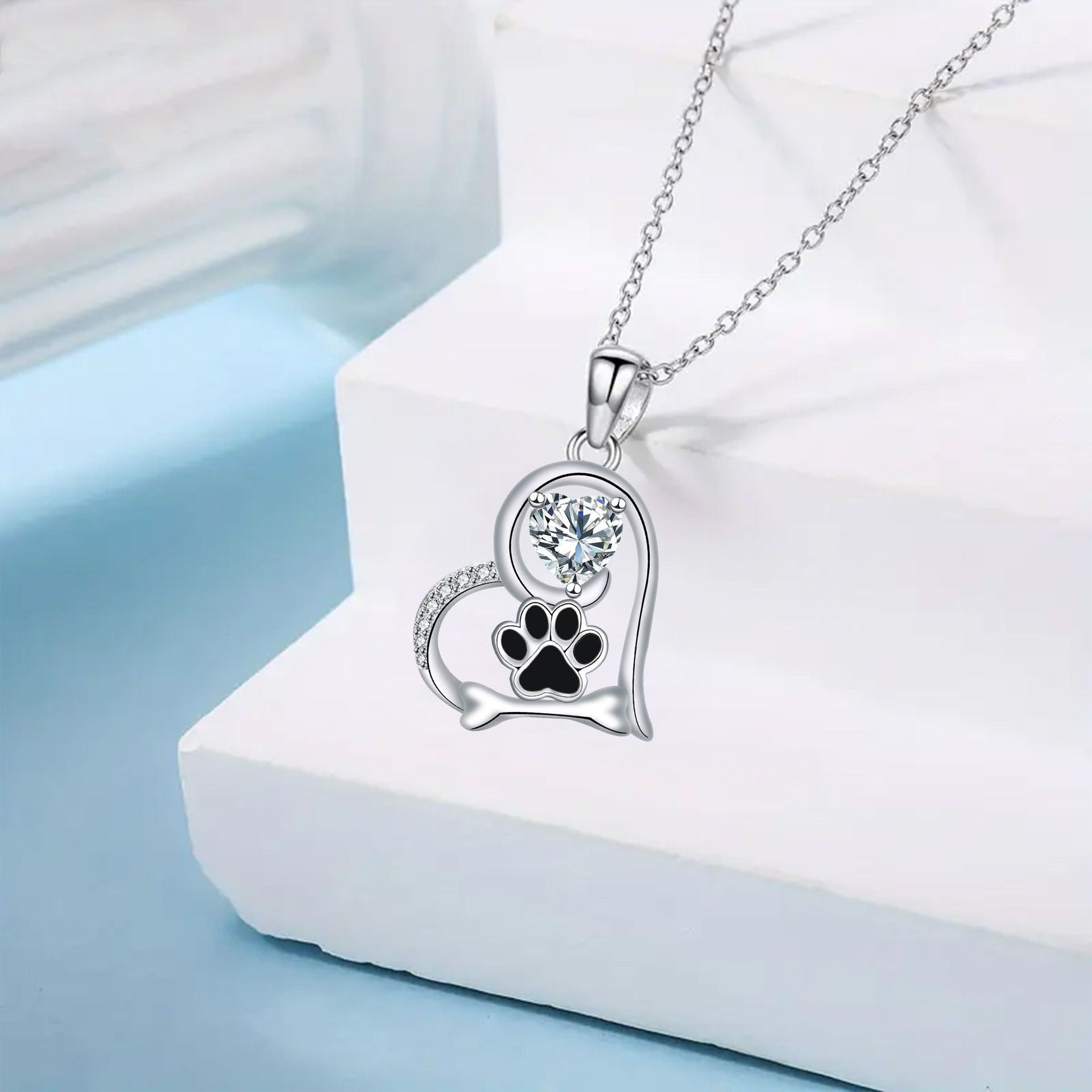 Dog Paw Print & Bone Pendant with Zirconia