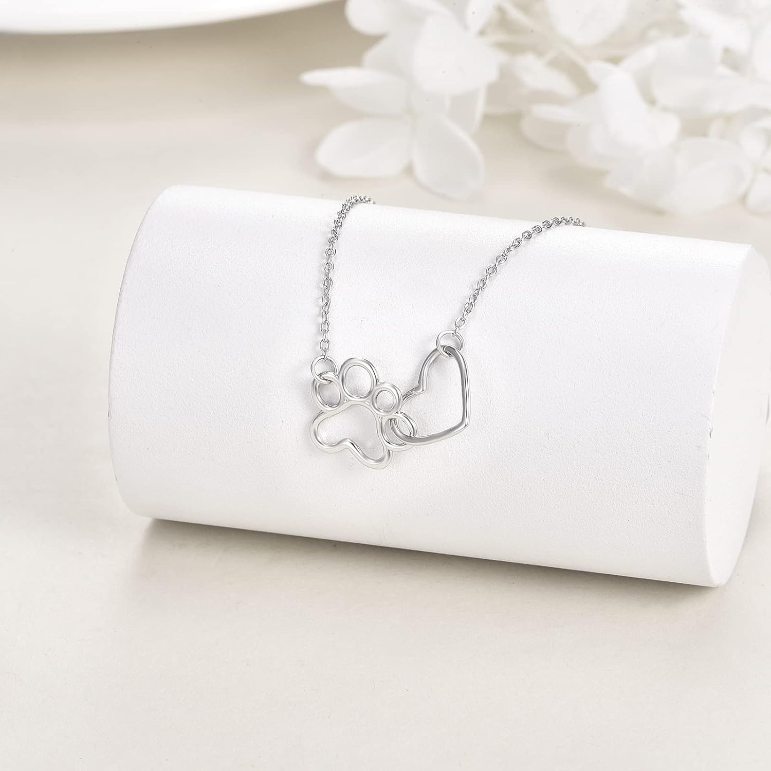 Sterling Silver Paw Print Necklace — Heart Crystal Pendant