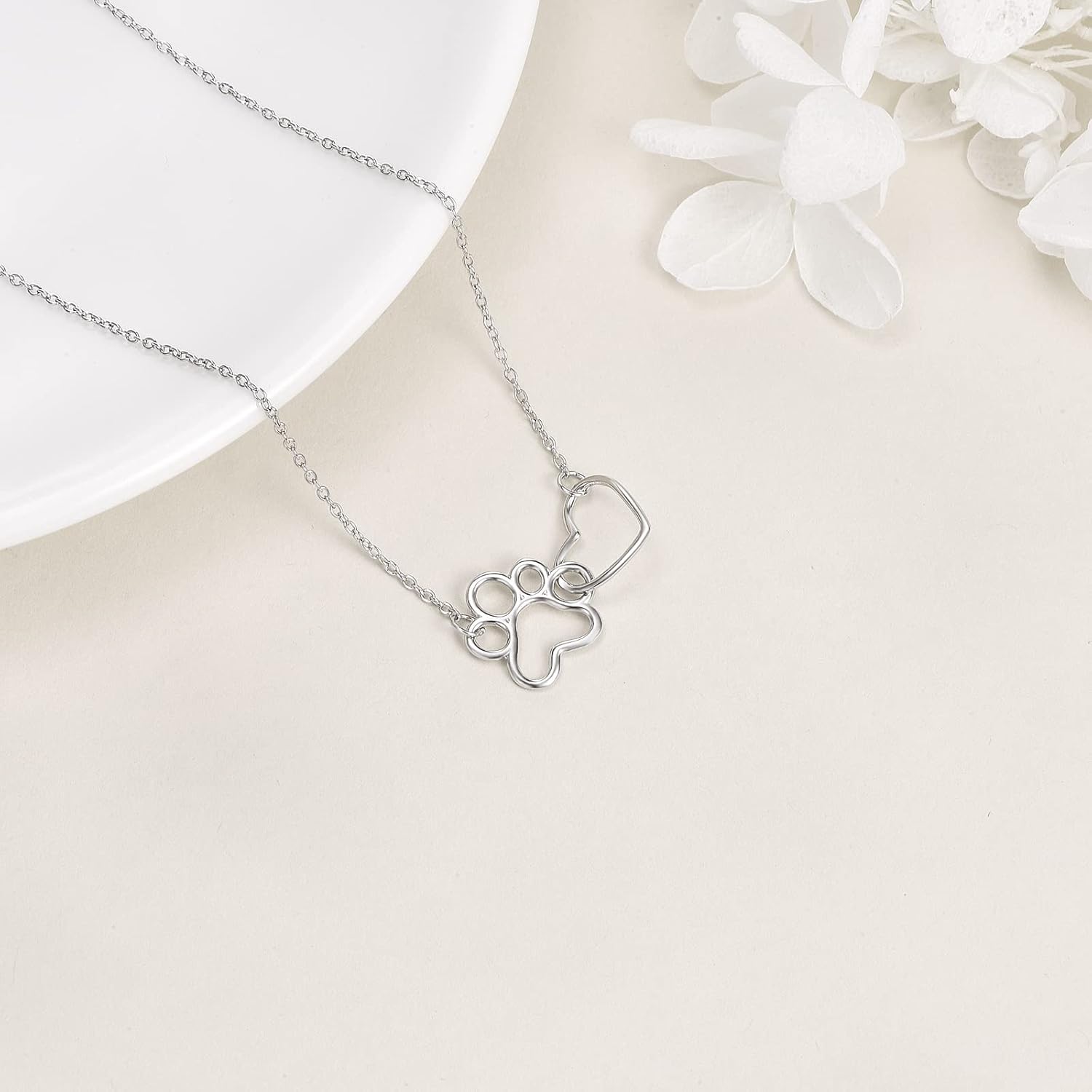 Sterling Silver Paw Print Necklace — Heart Crystal Pendant