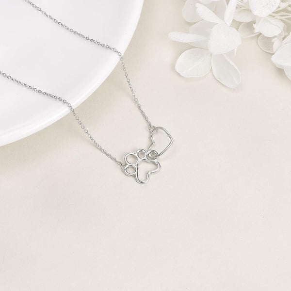Sterling Silver Paw Print Necklace — Heart Crystal Pendant