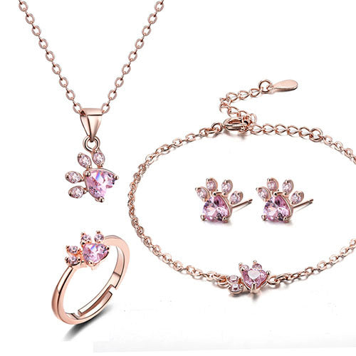 Pink Gold Paw Jewelry Set – 4 Pieces with Zirconia Heart (Ring, Necklace, Earrings, Bracelet)