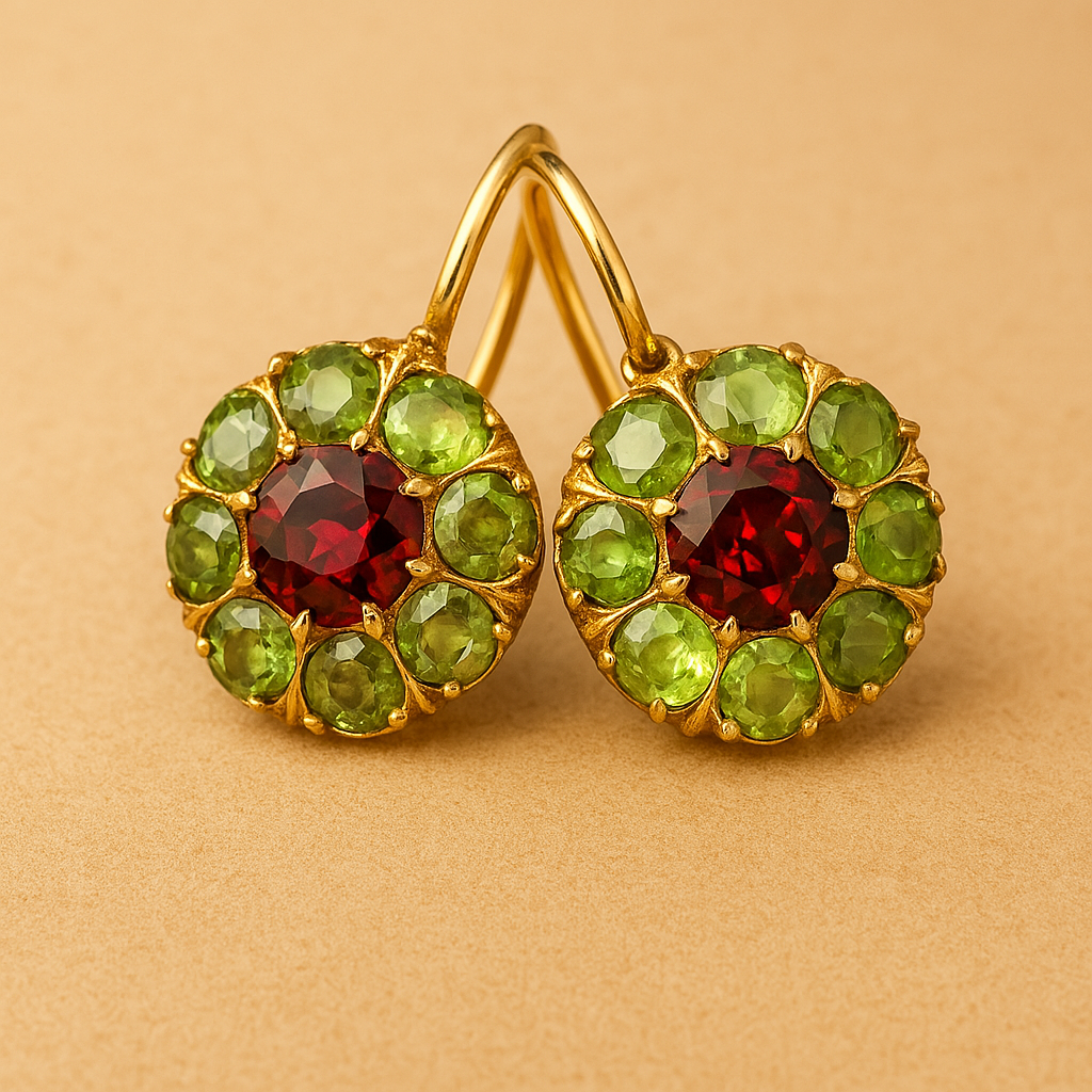 Vintage Round Green & Red Crystal Earrings