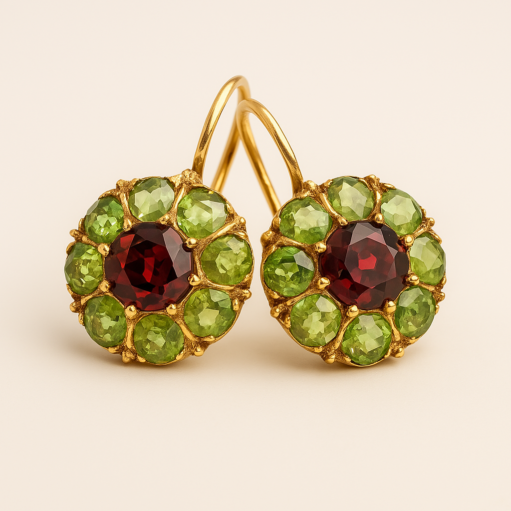 Vintage Round Green & Red Crystal Earrings