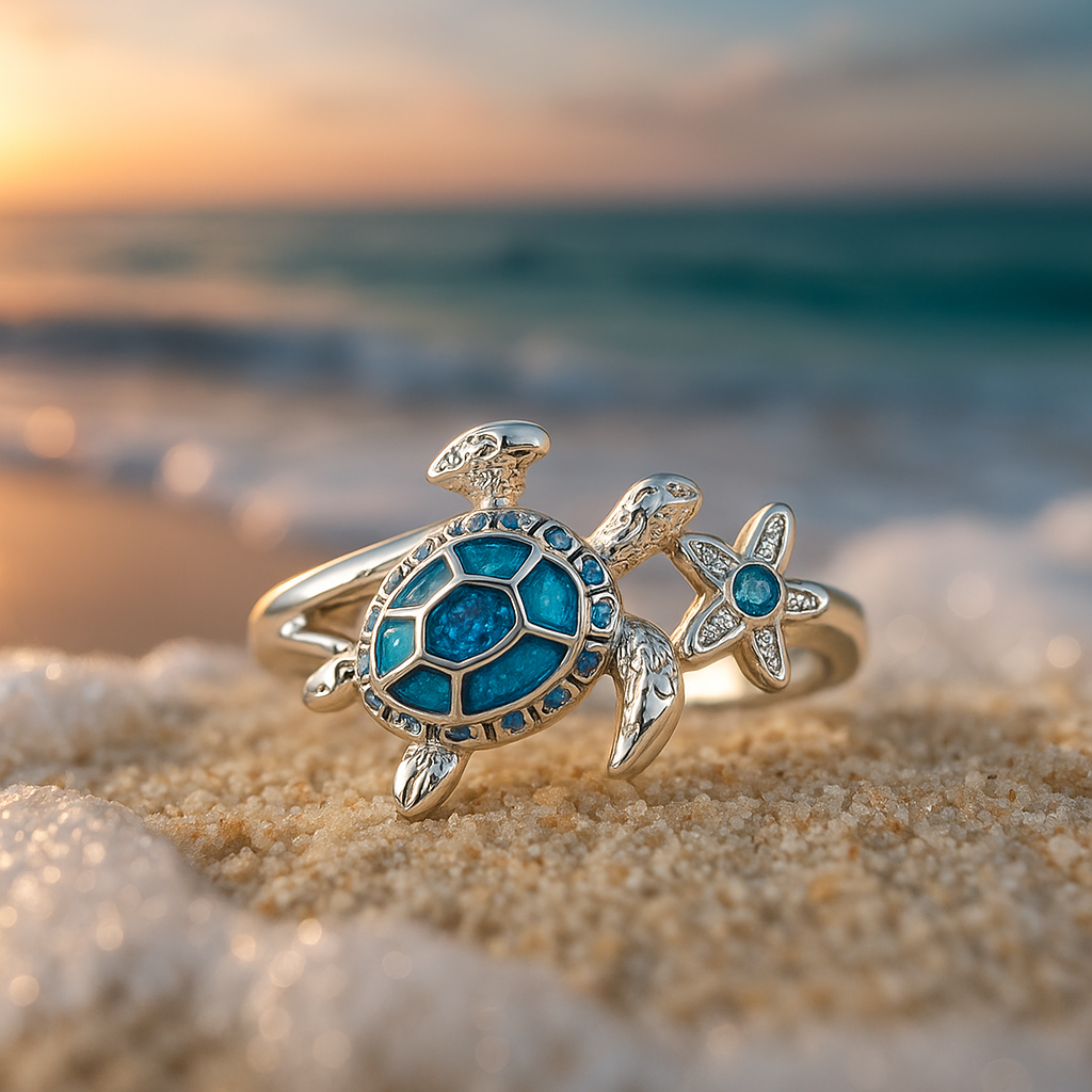 Silver Turtle Blue Opal Ring